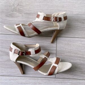Women's Linen Fabric Heels Size 8 Open Toe Strappy Gold Buckles